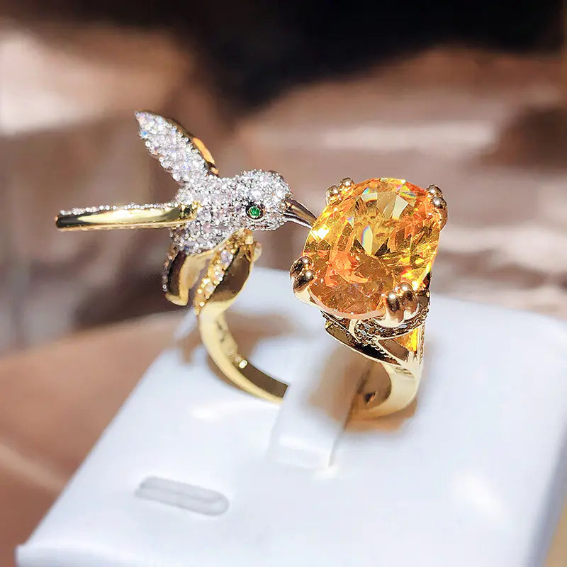 Celestial Hummingbird Gemstone Ring – Adjustable | Symbol of Grace & Freedom